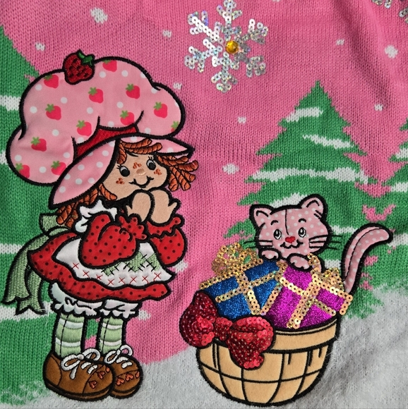 Strawberry Shortcake Festive Pink Embroidered Sequin Christmas Sweater - Picture 7 of 10